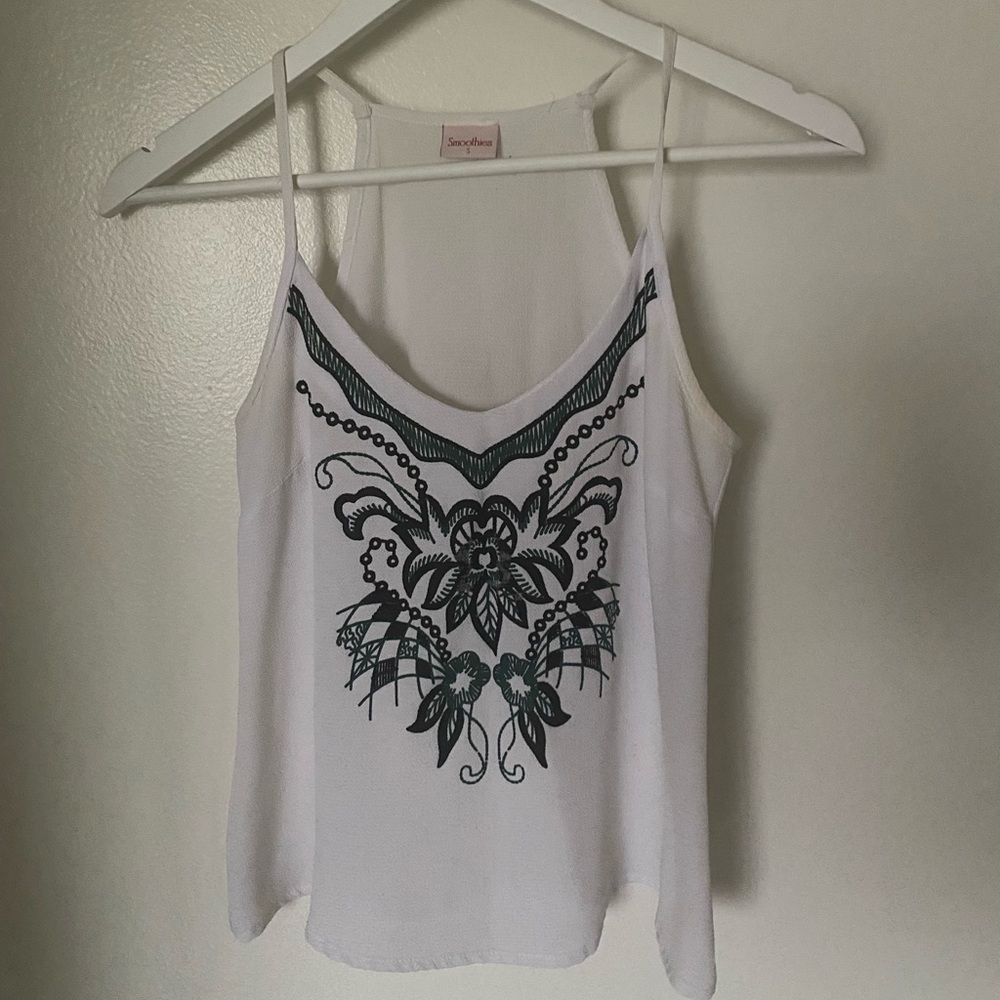 White Spaghetti Strap Top with Green/Black Design